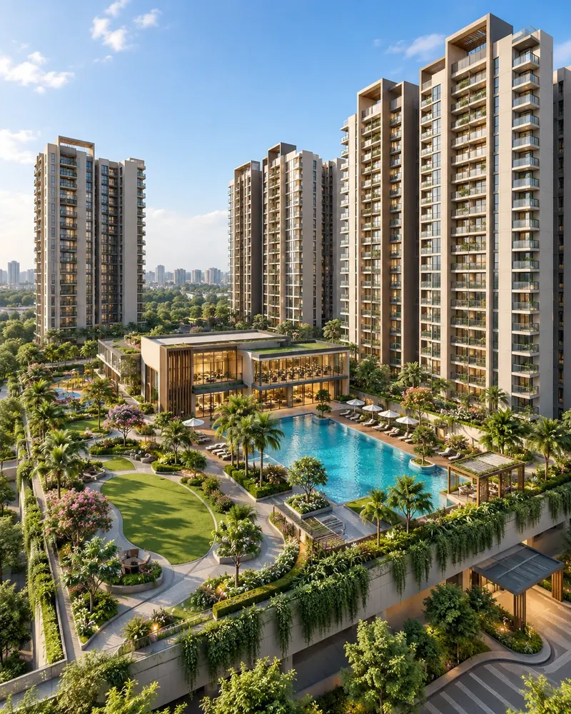 Raintree Boulevard residential towers and landscaped amenities in Bangalore
